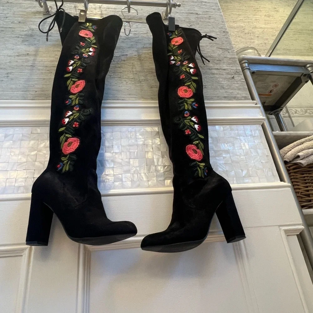 New 6.5 target over the knee floral embroidered faux suede black heel boots - Picture 7 of 17
